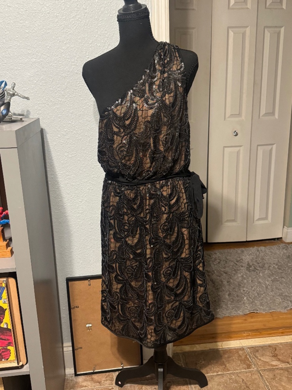 Vince Camato Cocktail Dress Black with Lace One Shoulder